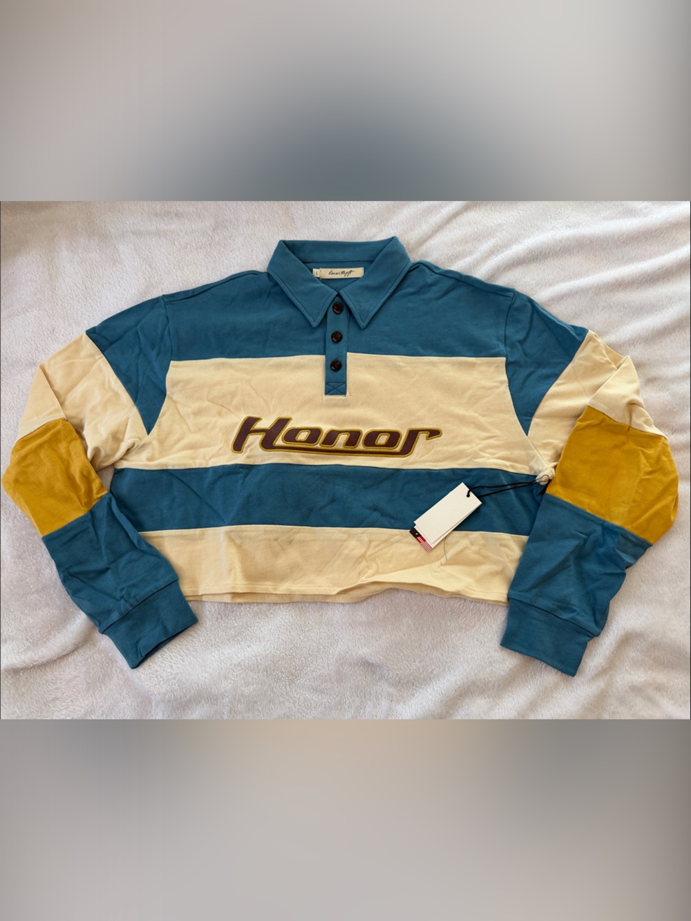 Honor Colorblock Long Sleeve Polo Tee - Blue/Cream with Mustard Accents